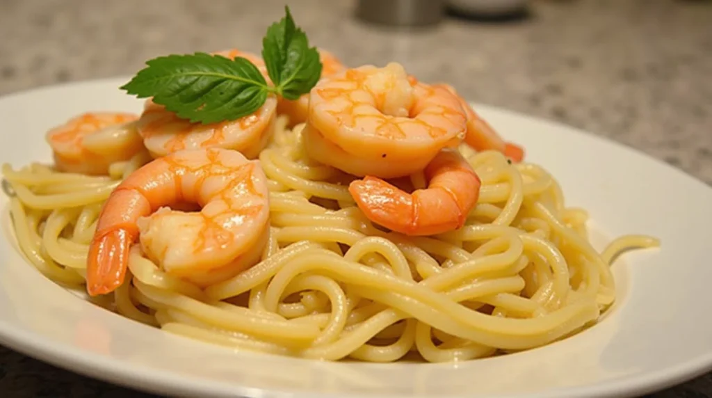 A plate of creamy shrimp pasta with linguine, garnished with fresh parsley and Parmesan cheese.