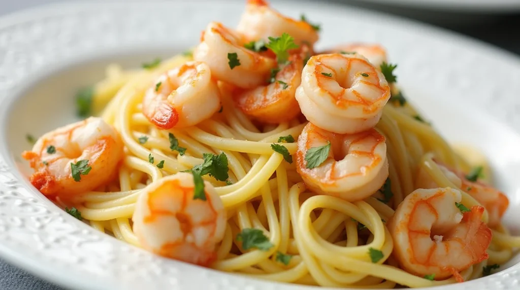 A plate of creamy shrimp pasta with linguine, garnished with fresh parsley and Parmesan cheese.