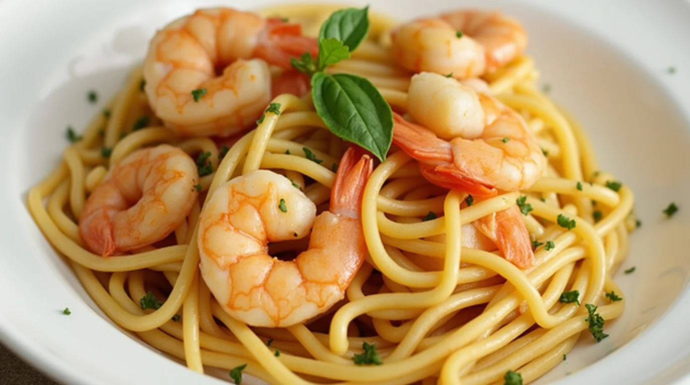 A plate of creamy shrimp pasta with linguine, garnished with fresh parsley and Parmesan cheese.